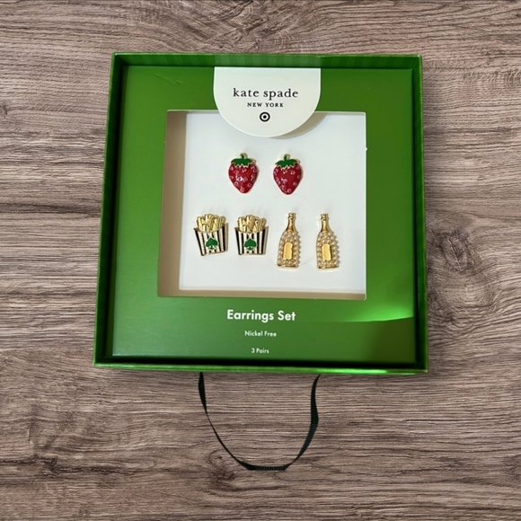 kate spade Jewelry - ✨️ NIB Kate Spade Stud Earring Trio: 🍓 Strawberries, 🍟 Fries & 🍾 Champagne!